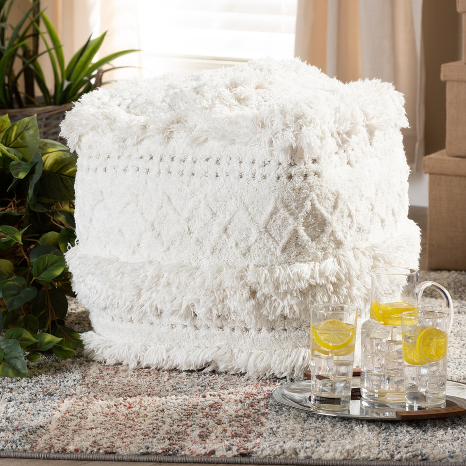 Curlew Moroccan inspired ivory handwoven cotton pouf ottoman.