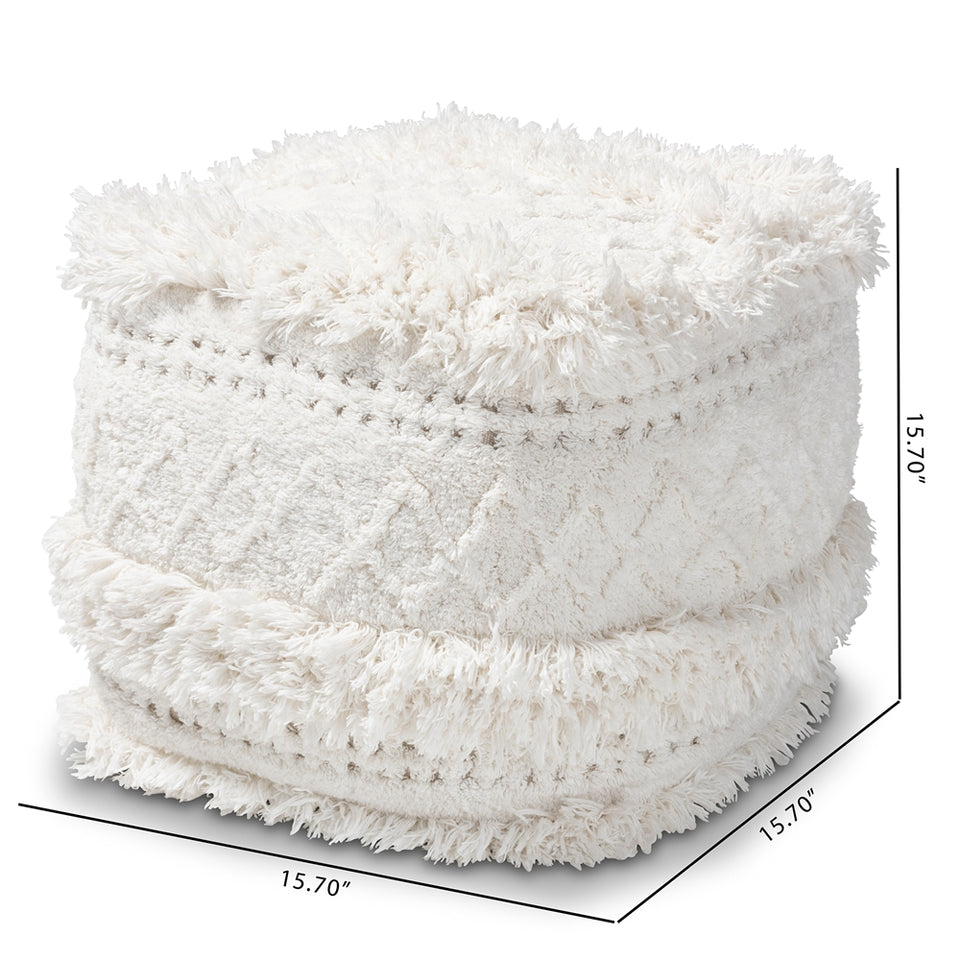 Curlew Moroccan inspired ivory handwoven cotton pouf ottoman.