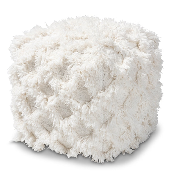 Asuka Moroccan inspired Ivory handwoven cotton fringe pouf ottoman.
