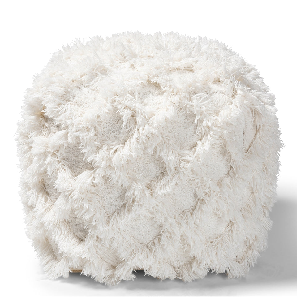 Asuka Moroccan inspired Ivory handwoven cotton fringe pouf ottoman.