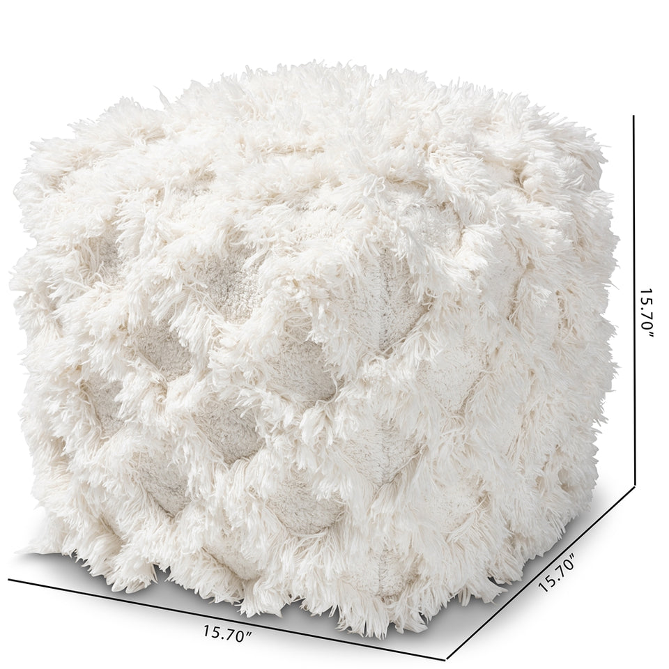 Asuka Moroccan inspired Ivory handwoven cotton fringe pouf ottoman.