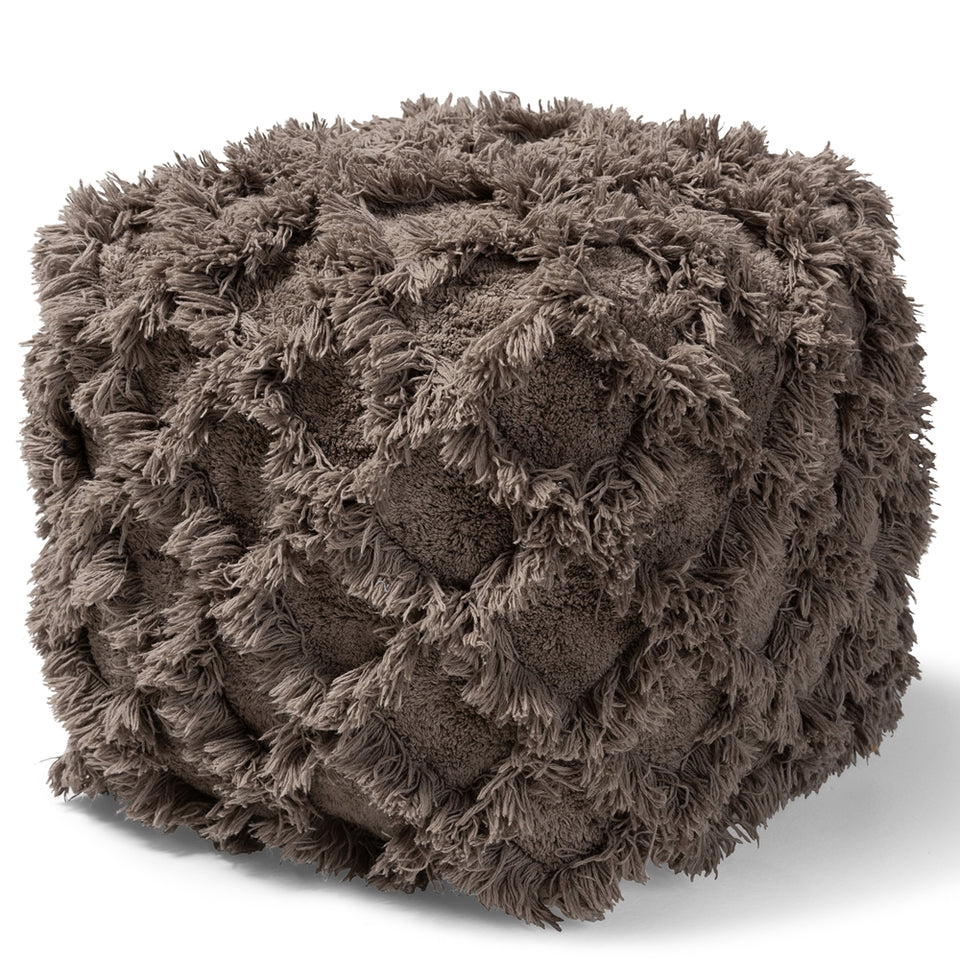 Asuka Moroccan inspired taupe handwoven cotton fringe pouf ottoman.