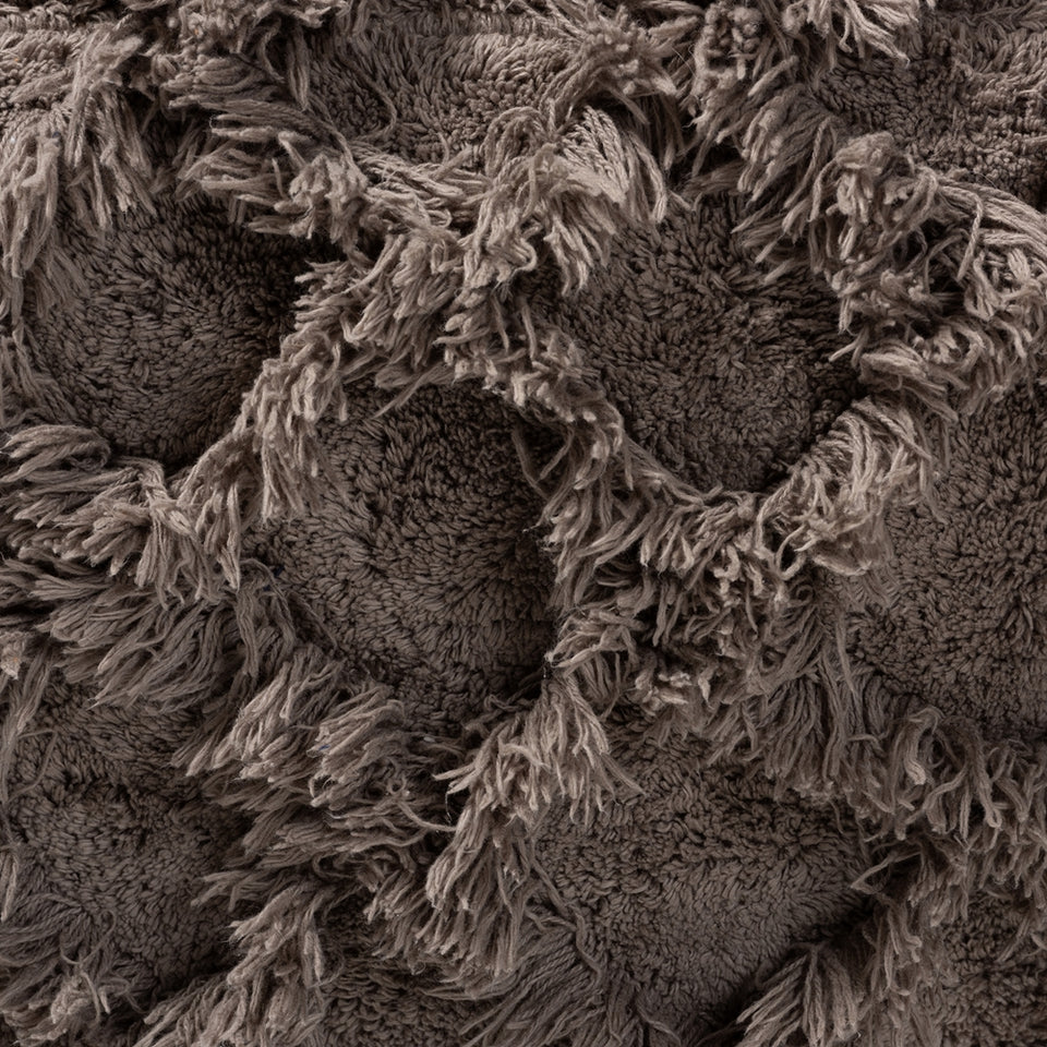 Asuka Moroccan inspired taupe handwoven cotton fringe pouf ottoman.