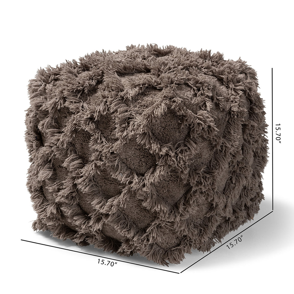 Asuka Moroccan inspired taupe handwoven cotton fringe pouf ottoman.