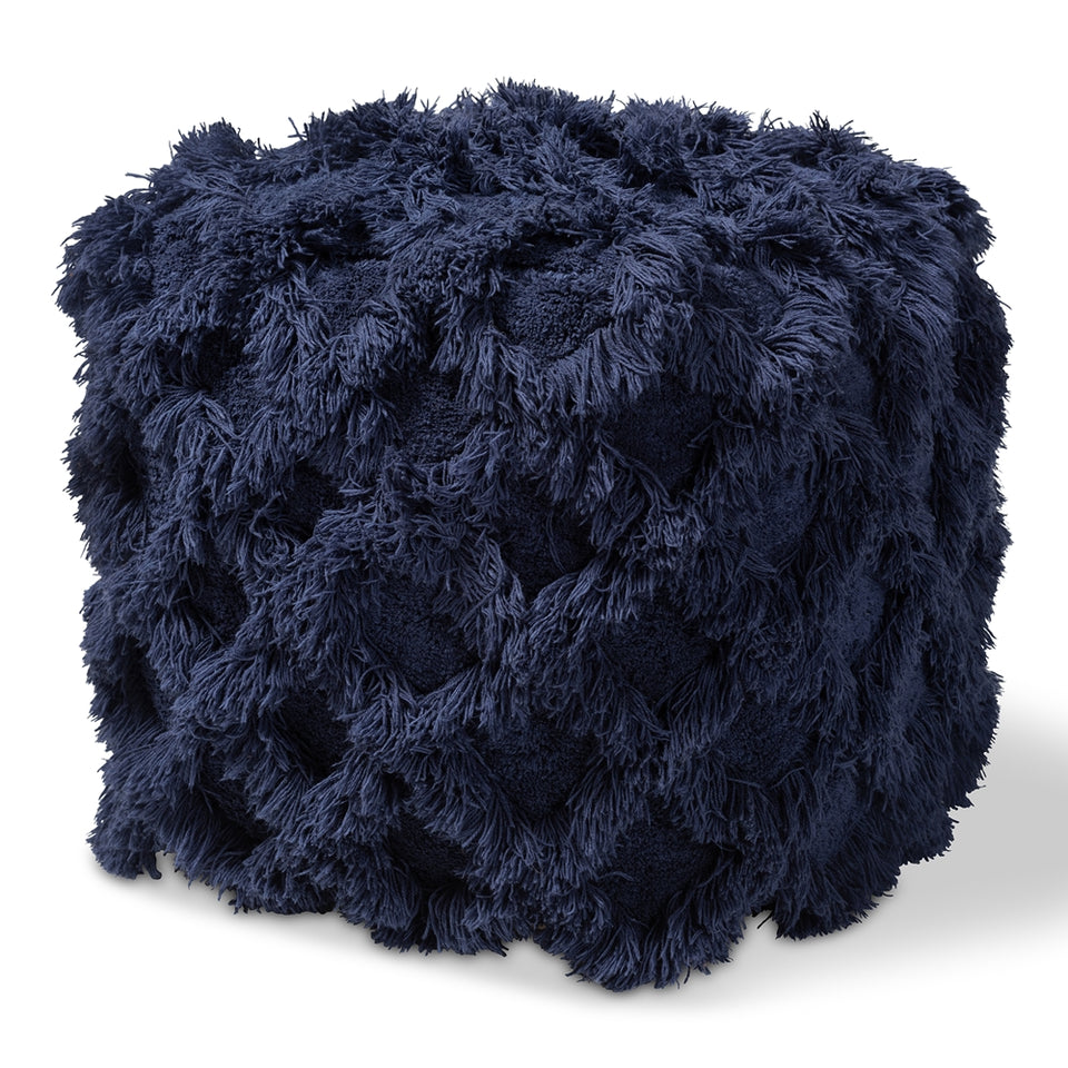 Asuka Moroccan inspired navy handwoven cotton fringe pouf ottoman.