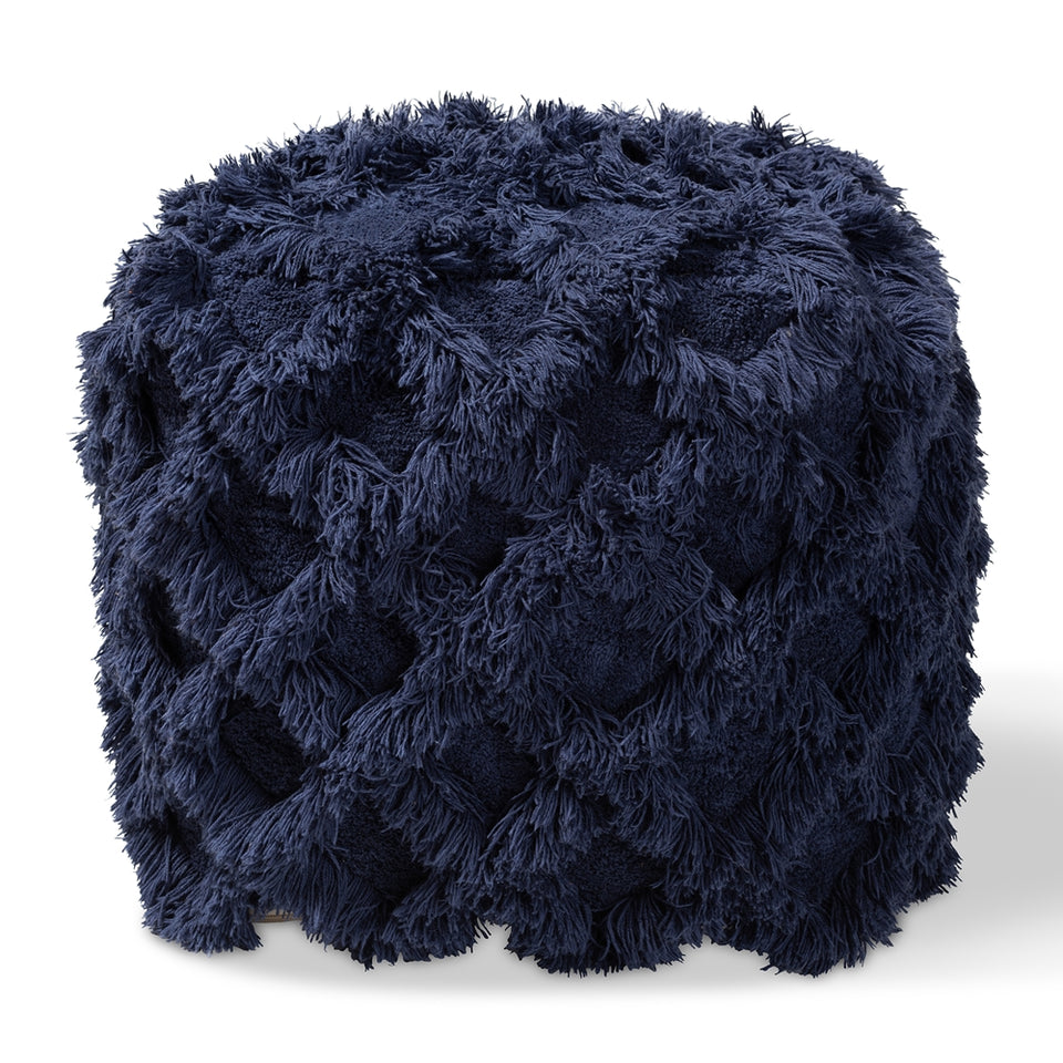 Asuka Moroccan inspired navy handwoven cotton fringe pouf ottoman.