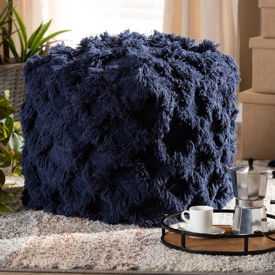 Asuka Moroccan inspired navy handwoven cotton fringe pouf ottoman.