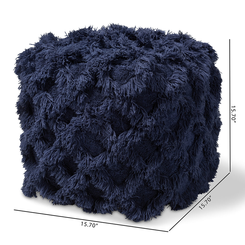 Asuka Moroccan inspired navy handwoven cotton fringe pouf ottoman.