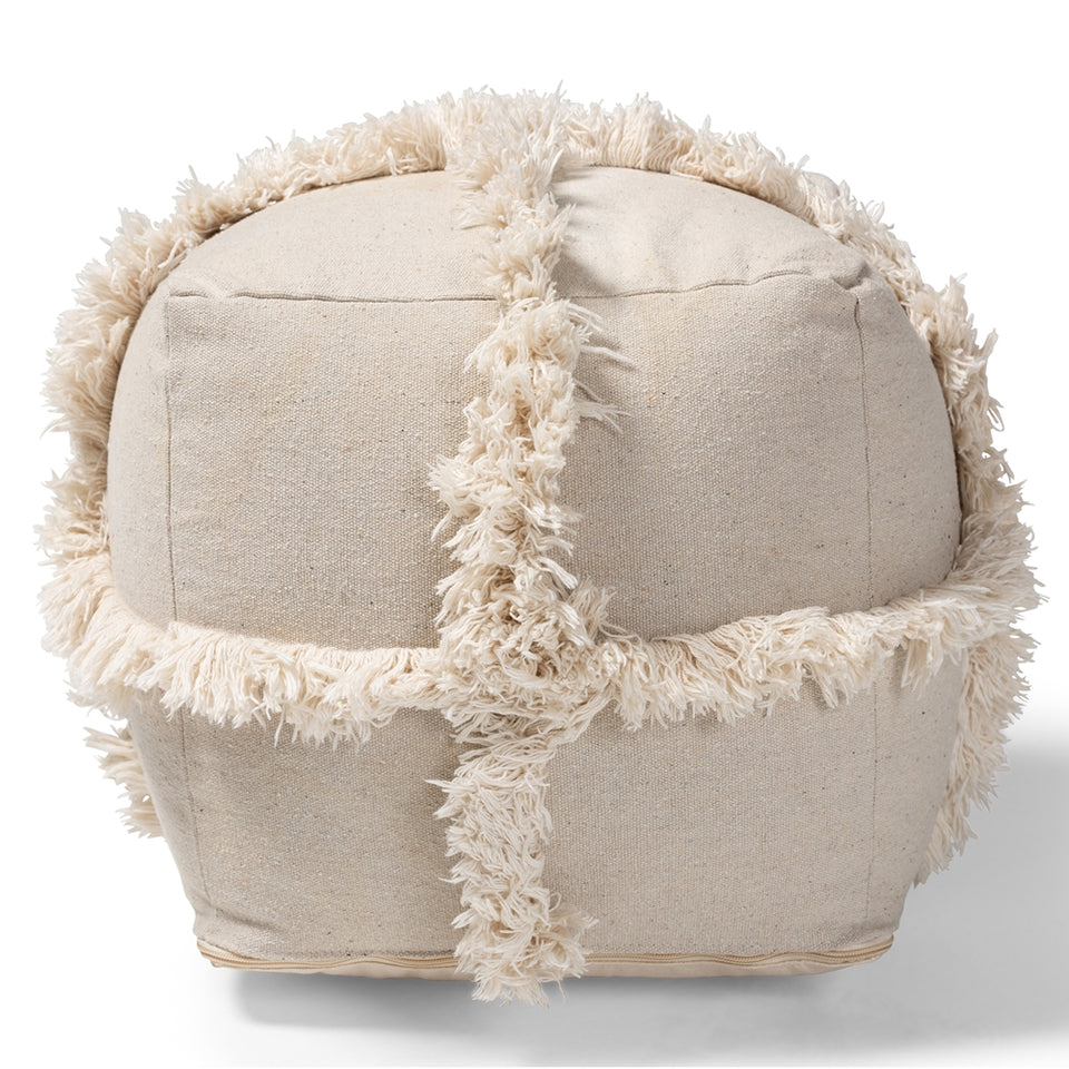 Alfro Moroccan inspired beige handwoven cotton fringe pouf ottoman.