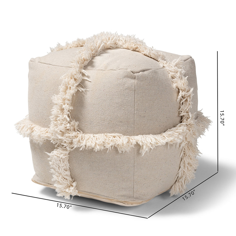 Alfro Moroccan inspired beige handwoven cotton fringe pouf ottoman.