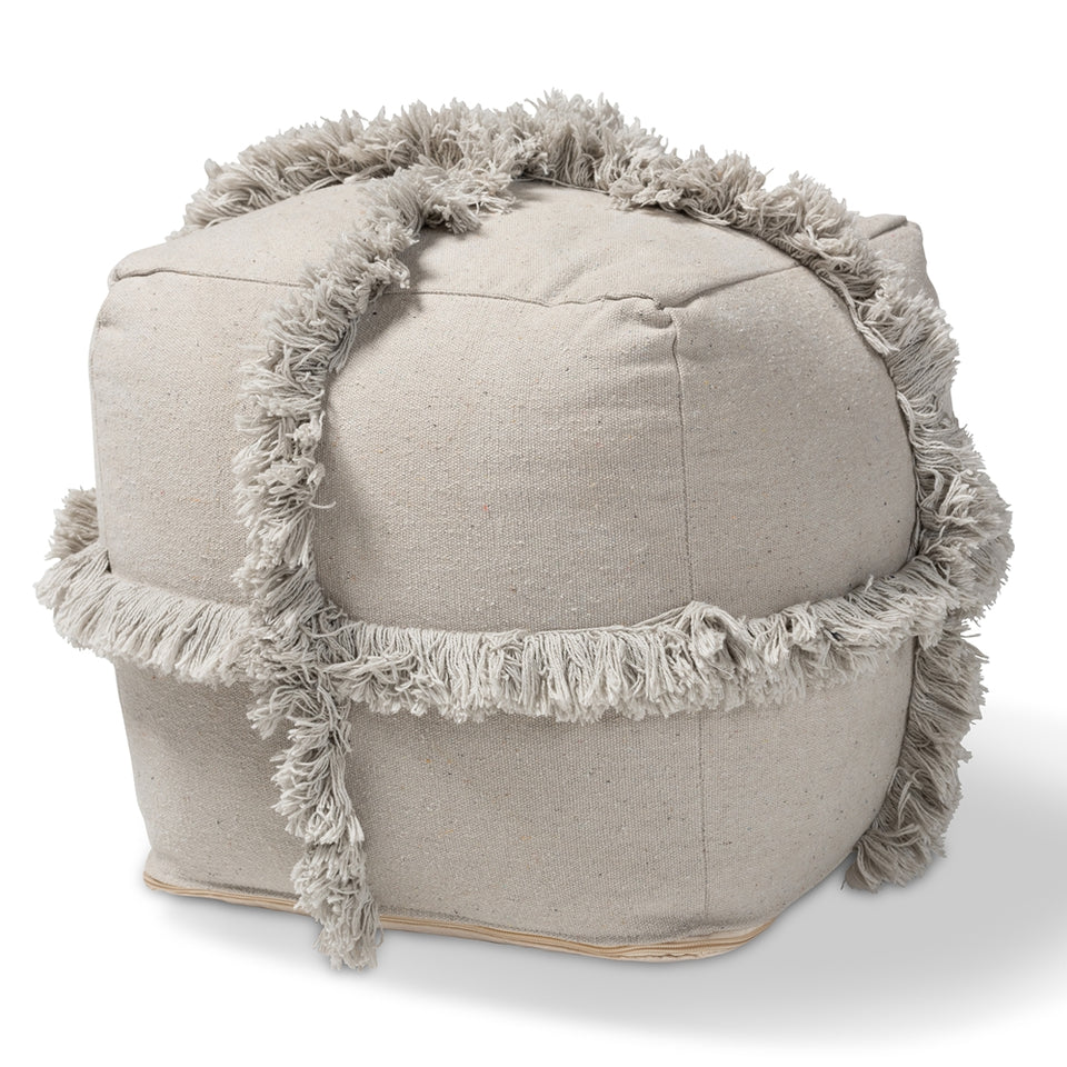 Alfro Moroccan inspired grey handwoven cotton fringe pouf ottoman.