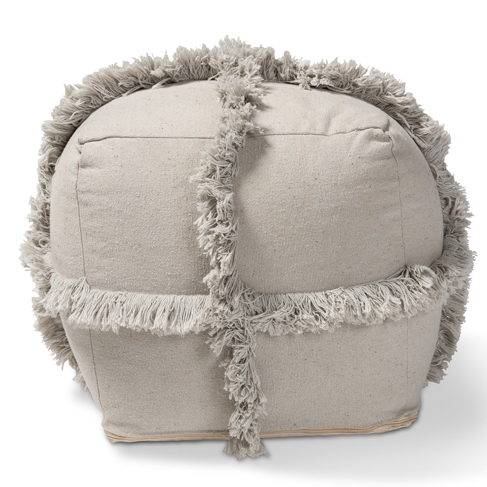 Alfro Moroccan inspired grey handwoven cotton fringe pouf ottoman.