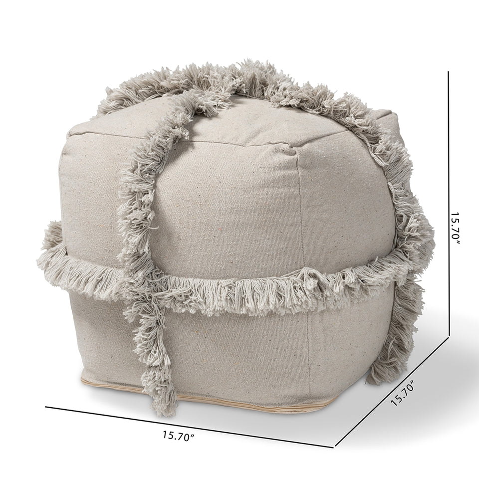 Alfro Moroccan inspired grey handwoven cotton fringe pouf ottoman.