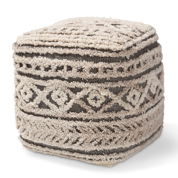 Cronin Moroccan inspired beige and brown handwoven hemp pouf ottoman.