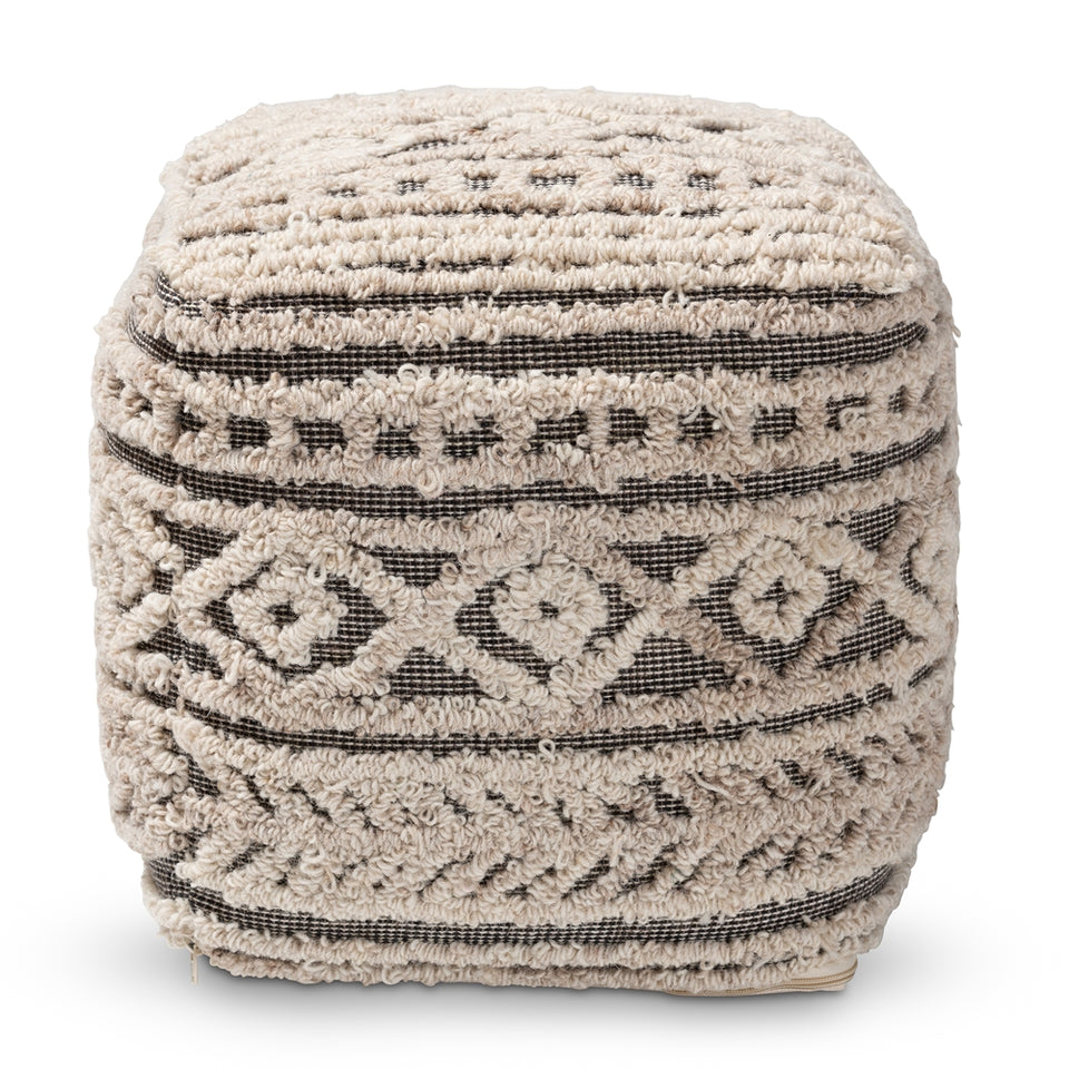 Cronin Moroccan inspired beige and brown handwoven hemp pouf ottoman.