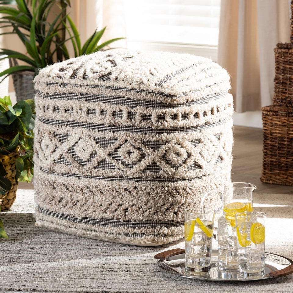 Cronin Moroccan inspired beige and brown handwoven hemp pouf ottoman.