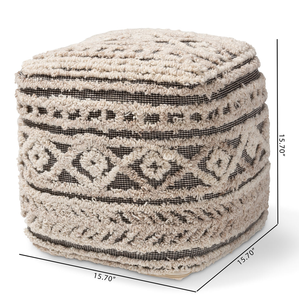 Cronin Moroccan inspired beige and brown handwoven hemp pouf ottoman.