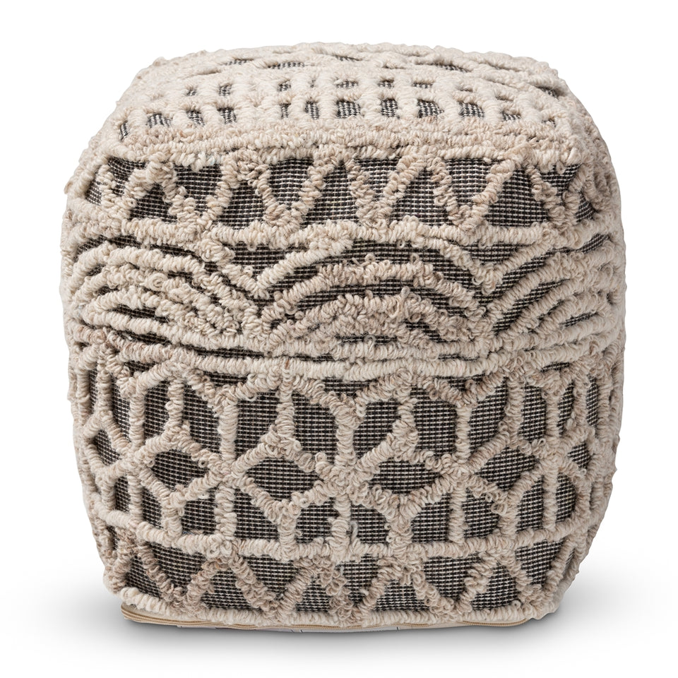 Avery Moroccan inspired beige and brown handwoven cotton pouf ottoman.