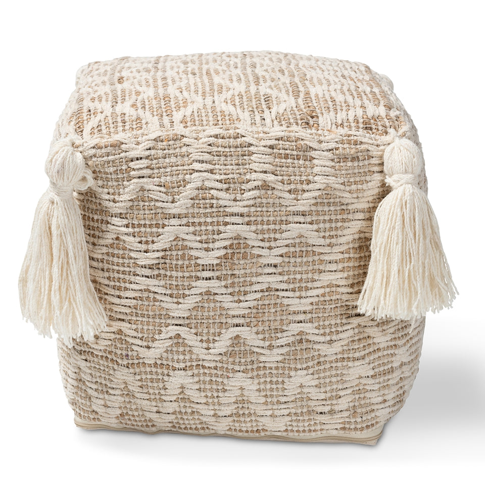 Noland Moroccan inspired natural and ivory handwoven cotton and hemp pouf ottoman.