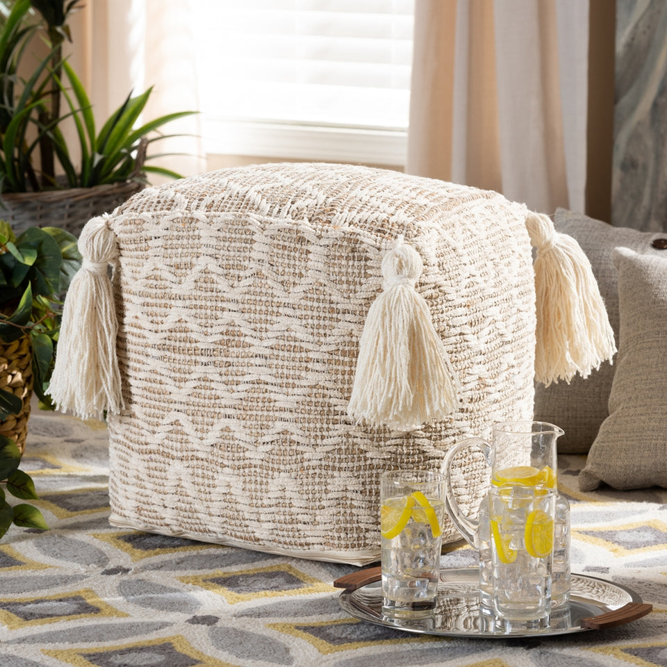 Noland Moroccan inspired natural and ivory handwoven cotton and hemp pouf ottoman.