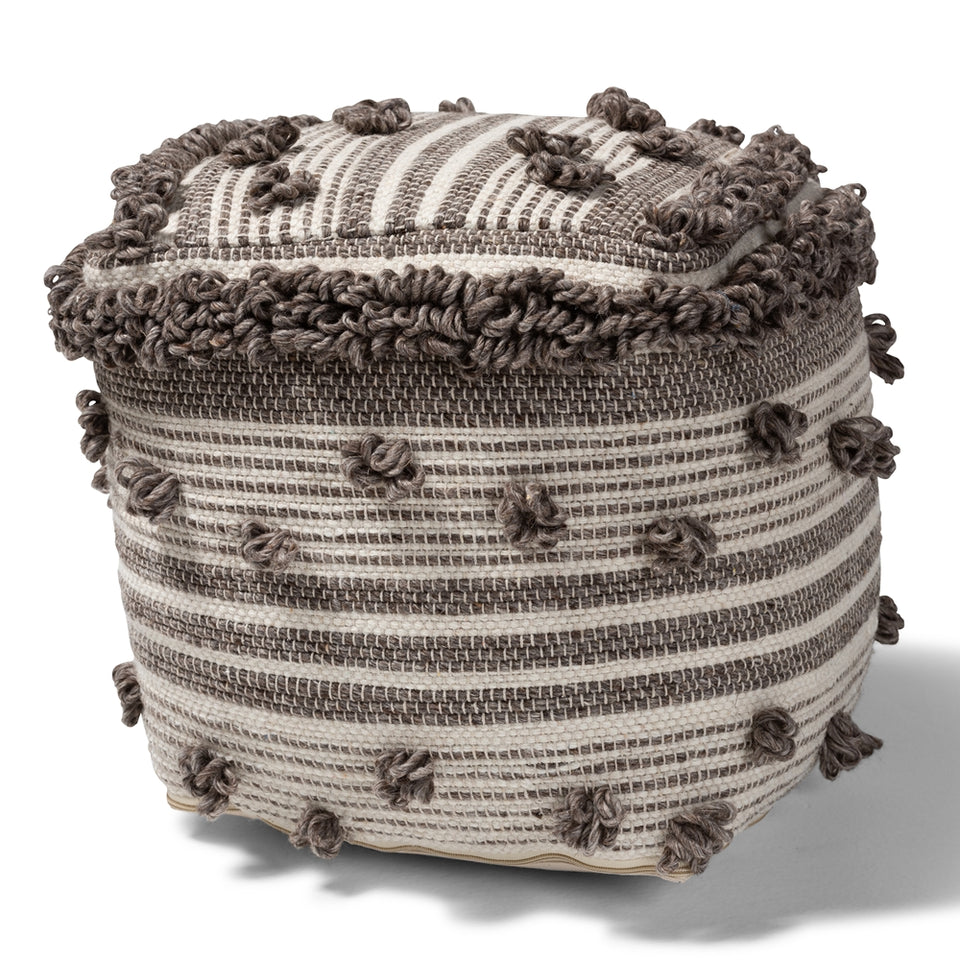 Eligah Moroccan inspired ivory and brown handwoven wool pouf ottoman.