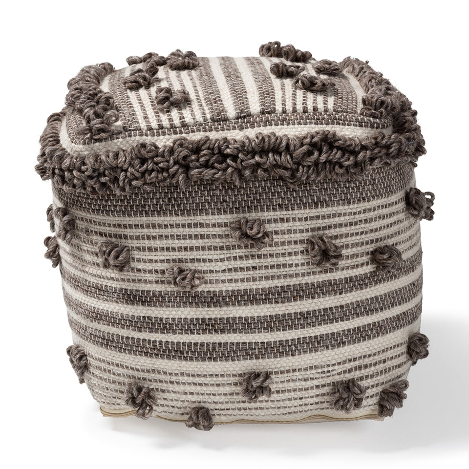 Eligah Moroccan inspired ivory and brown handwoven wool pouf ottoman.