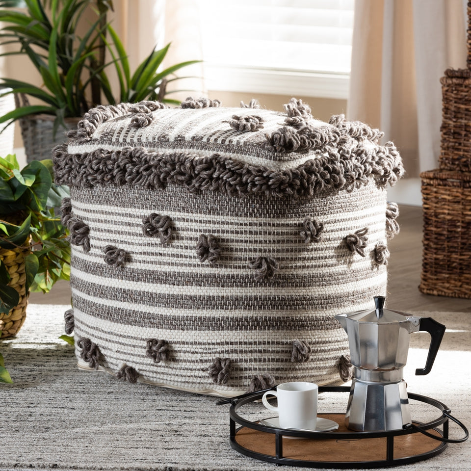 Eligah Moroccan inspired ivory and brown handwoven wool pouf ottoman.