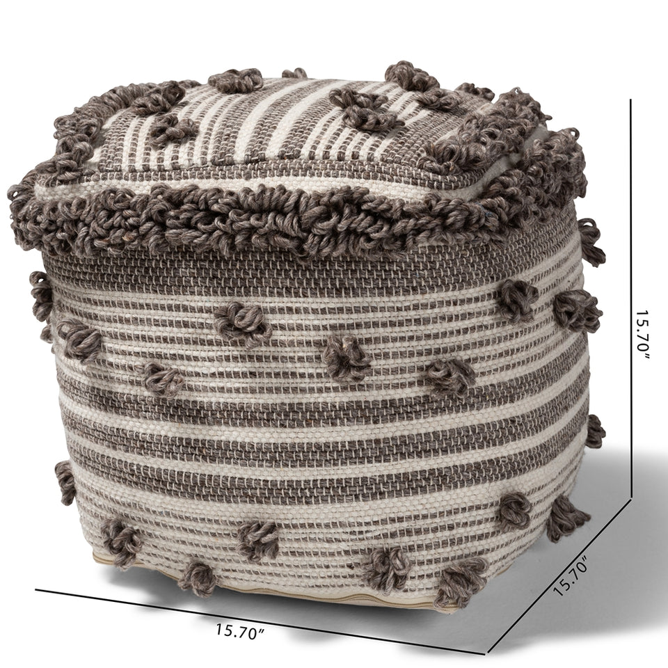 Eligah Moroccan inspired ivory and brown handwoven wool pouf ottoman.