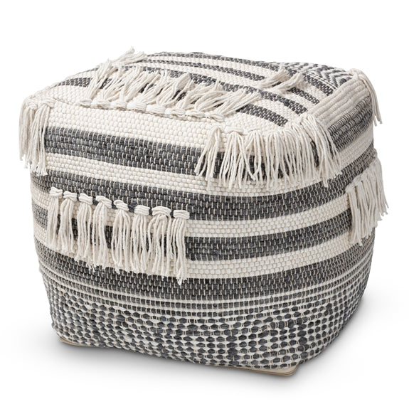 Kirby Moroccan inspired grey and ivory handwoven cotton pouf ottoman.