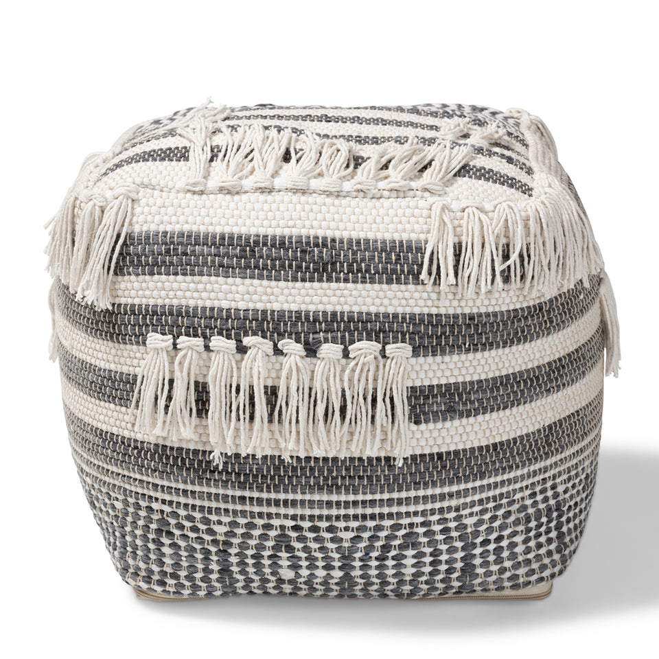 Kirby Moroccan inspired grey and ivory handwoven cotton pouf ottoman.