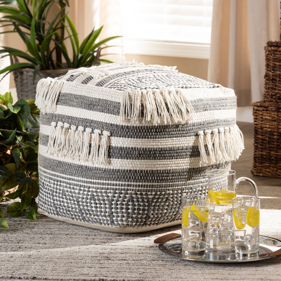 Kirby Moroccan inspired grey and ivory handwoven cotton pouf ottoman.
