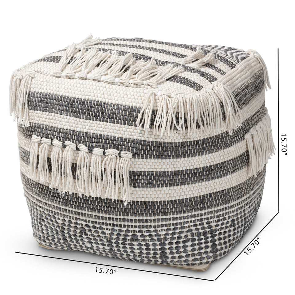 Kirby Moroccan inspired grey and ivory handwoven cotton pouf ottoman.