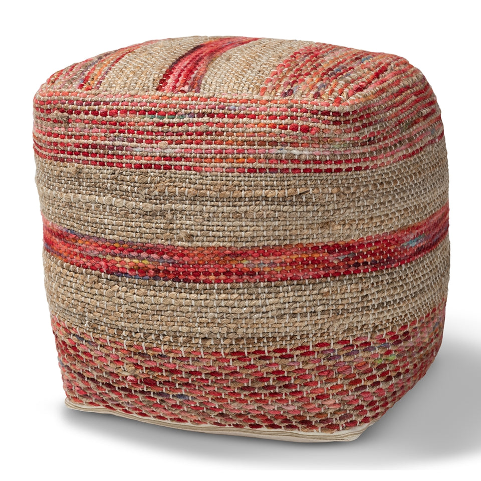 Caiman Moroccan inspired multicolored handwoven hemp pouf ottoman.