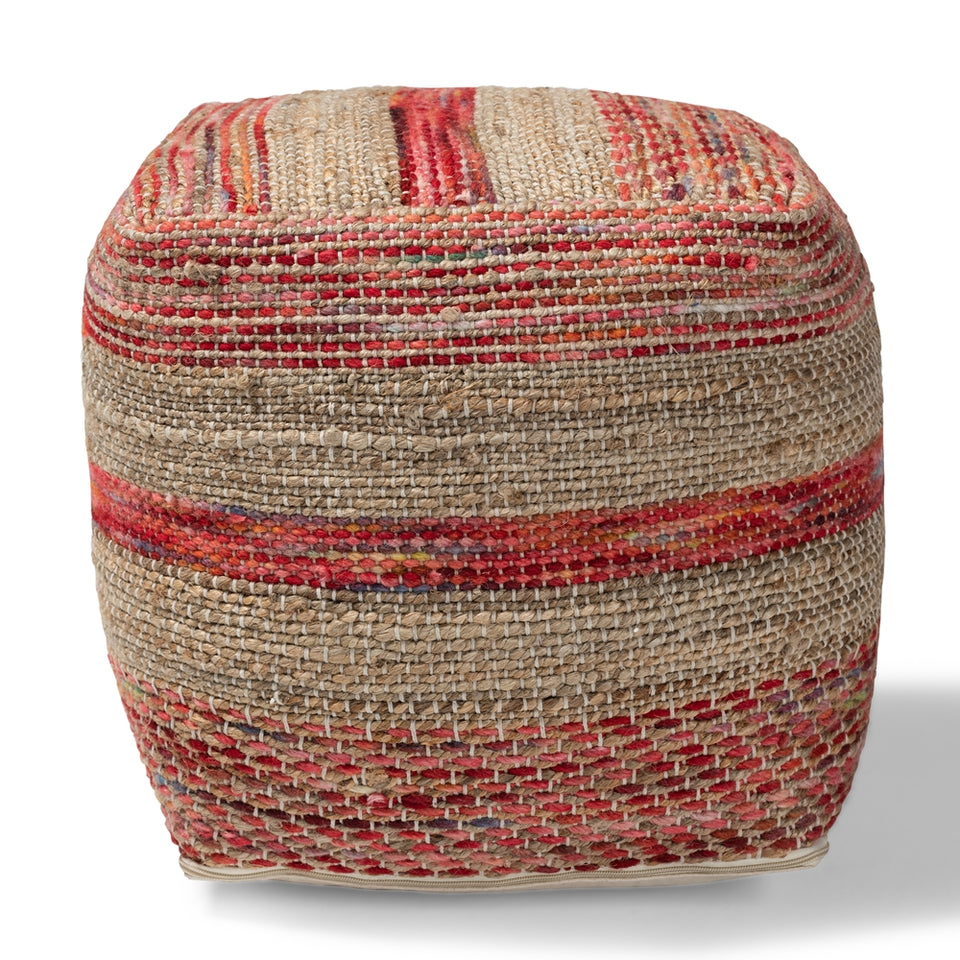 Caiman Moroccan inspired multicolored handwoven hemp pouf ottoman.