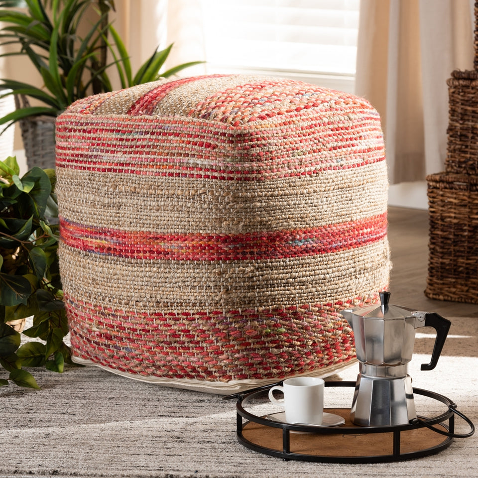 Caiman Moroccan inspired multicolored handwoven hemp pouf ottoman.