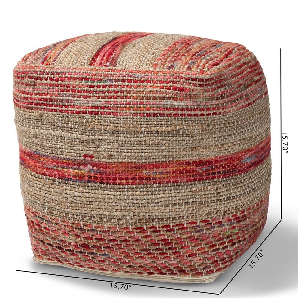 Caiman Moroccan inspired multicolored handwoven hemp pouf ottoman.