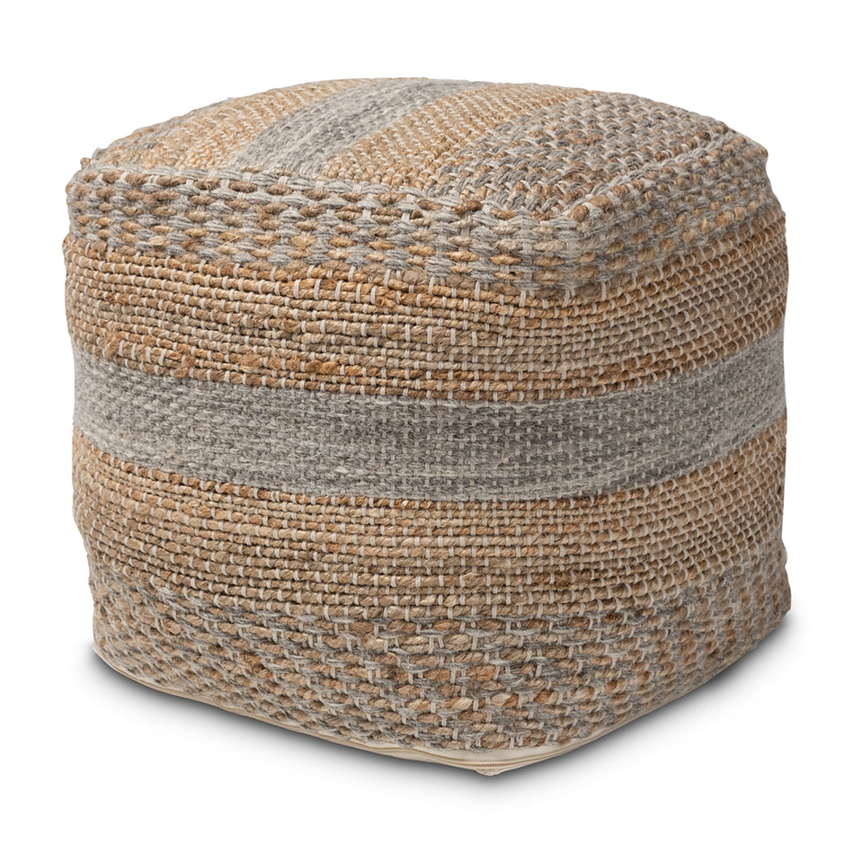 Grange Moroccan inspired natural and grey handwoven hemp pouf ottoman.