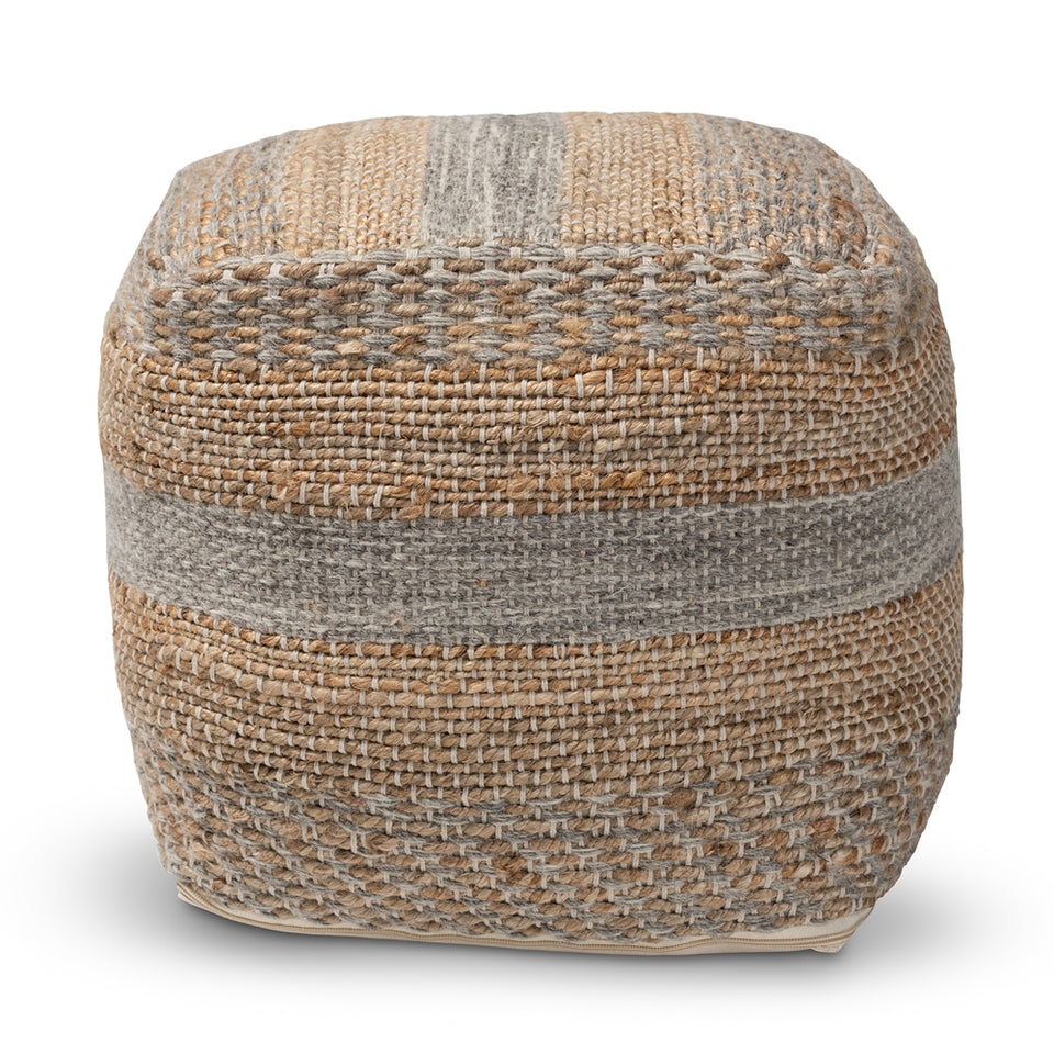 Grange Moroccan inspired natural and grey handwoven hemp pouf ottoman.