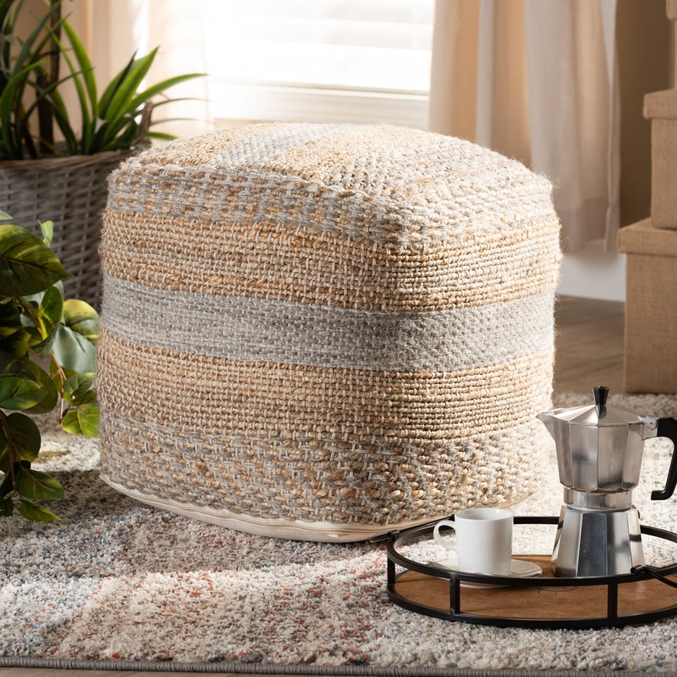 Grange Moroccan inspired natural and grey handwoven hemp pouf ottoman.
