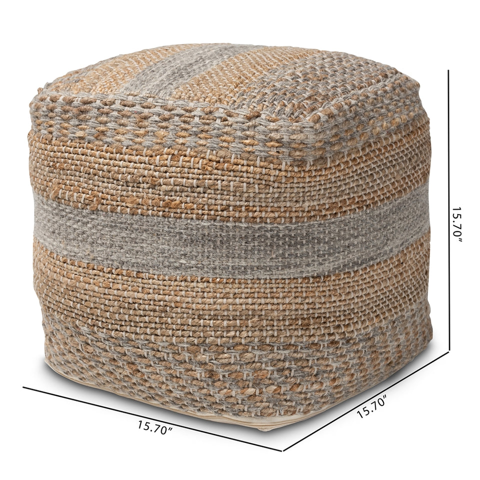 Grange Moroccan inspired natural and grey handwoven hemp pouf ottoman.