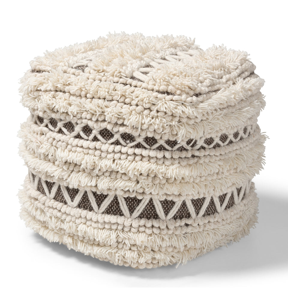 Vesey Moroccan inspired beige and brown handwoven wool pouf ottoman.