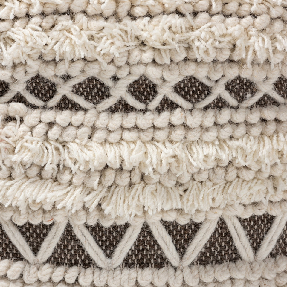 Vesey Moroccan inspired beige and brown handwoven wool pouf ottoman.