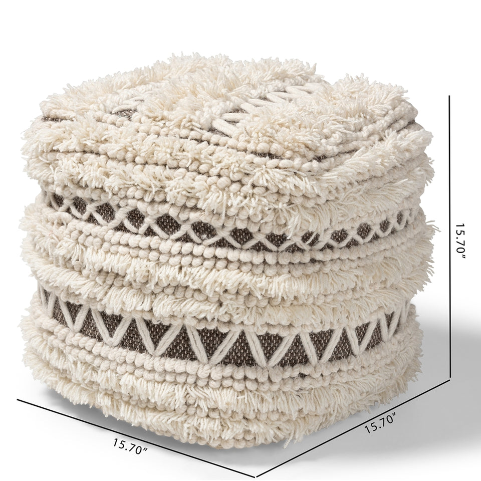 Vesey Moroccan inspired beige and brown handwoven wool pouf ottoman.