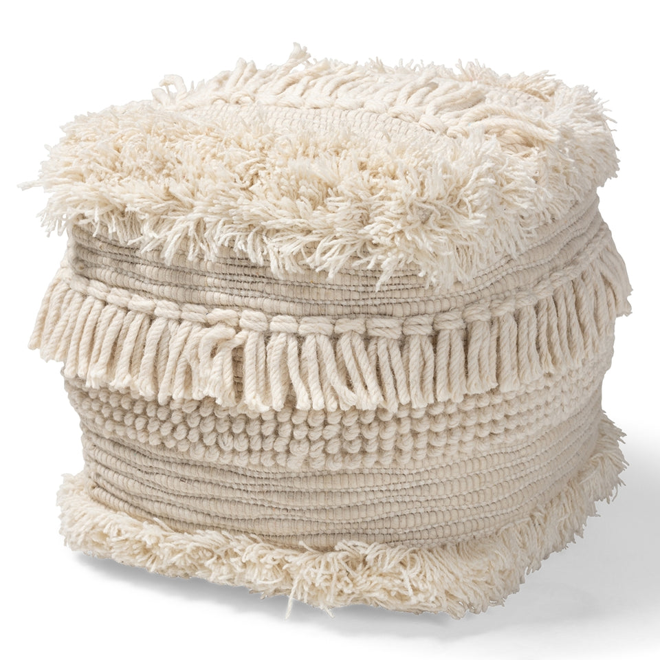 Bartow Moroccan inspired beige handwoven cotton pouf ottoman.