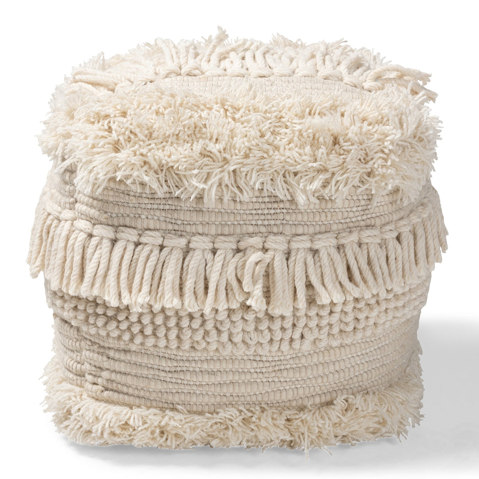 Bartow Moroccan inspired beige handwoven cotton pouf ottoman.