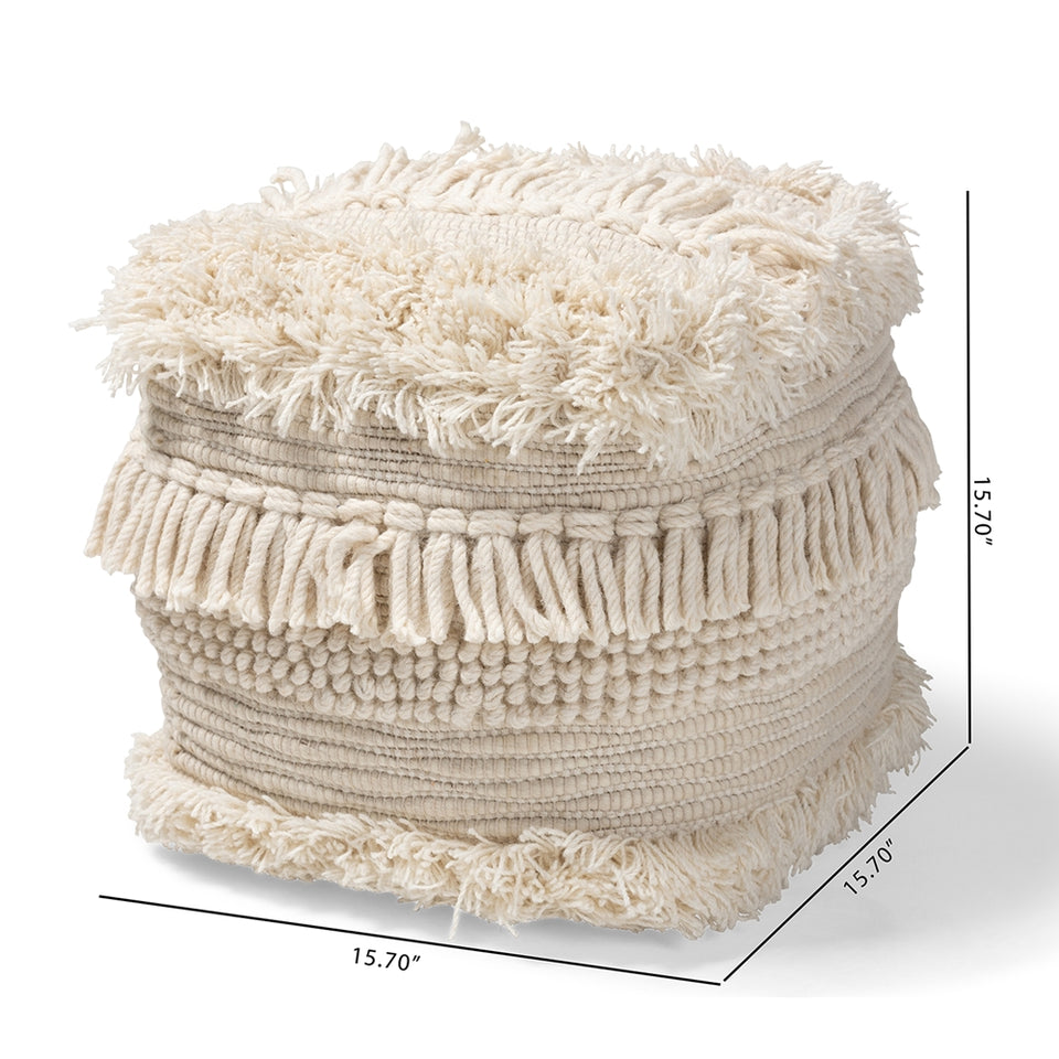 Bartow Moroccan inspired beige handwoven cotton pouf ottoman.