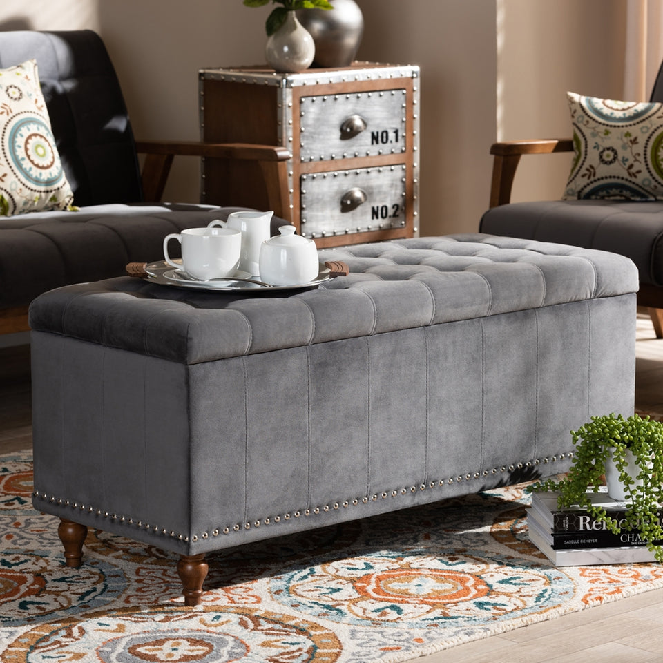 Kaylee modern velvet fabric upholstered button-tufted storage ottoman bench.