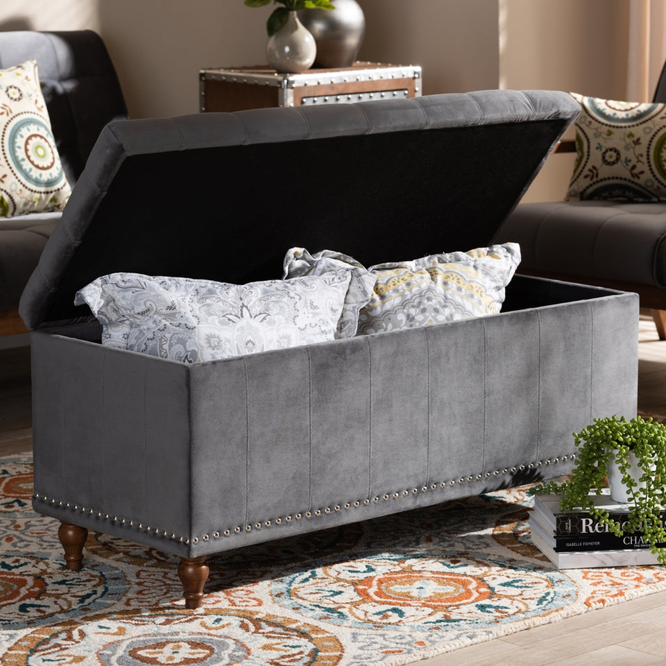 Kaylee modern velvet fabric upholstered button-tufted storage ottoman bench.