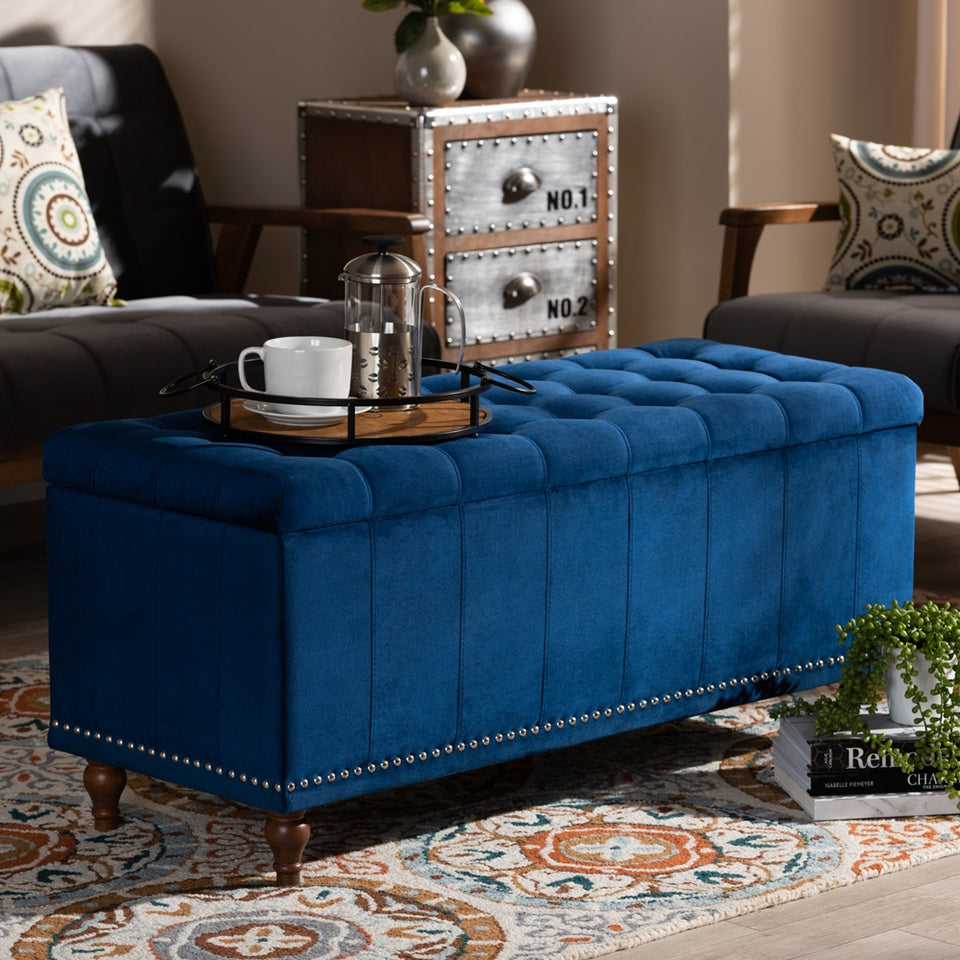 Kaylee modern velvet fabric upholstered button-tufted storage ottoman bench.