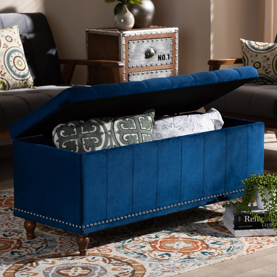Kaylee modern velvet fabric upholstered button-tufted storage ottoman bench.